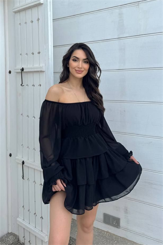 Kat Kat Volanlı Şifon Elbise 2831 SİYAH D1X