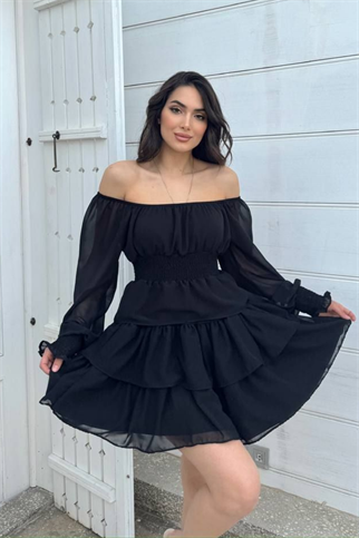 Kat Kat Volanlı Şifon Elbise 2831 SİYAH D1X