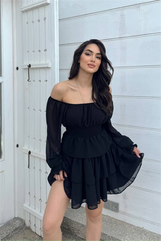 Kat Kat Volanlı Şifon Elbise 2831 SİYAH D1X