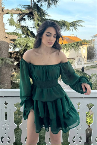 Kat Kat Volanlı Şifon Elbise 2831 YEŞİL D1X