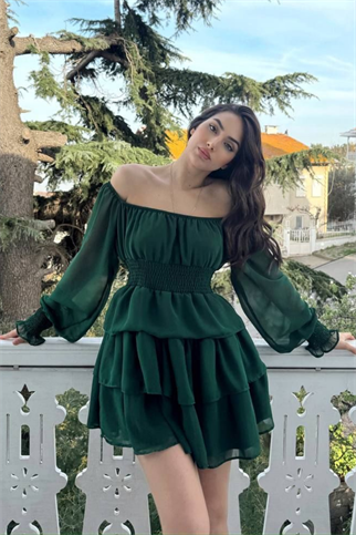 Kat Kat Volanlı Şifon Elbise 2831 YEŞİL D1X