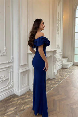 Katre Yaka Fırfırlı Yırtmaçlı Abiye 582834 SAKS MAVİSİ