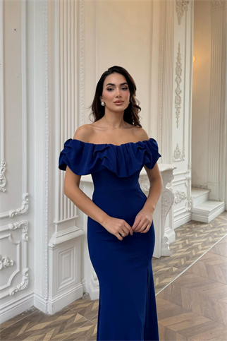 Katre Yaka Fırfırlı Yırtmaçlı Abiye 582834 SAKS MAVİSİ