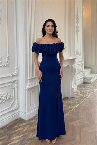 Katre Yaka Fırfırlı Yırtmaçlı Abiye 582834 SAKS MAVİSİ