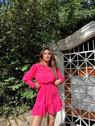 Kavya Bel Lastik Detay Elbise 20015 FUŞYA