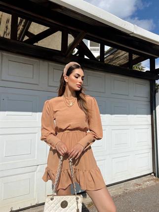 Kavya Bel Lastik Detay Elbise 20015 VİZON