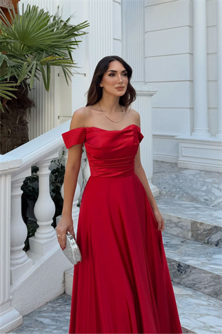 Kayık Yaka Yırtmaç Detay Saten Abiye 1038