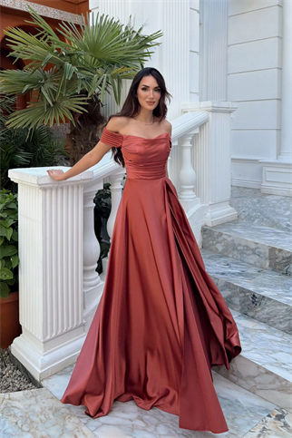 Kayık Yaka Yırtmaç Detay Saten Abiye 1038