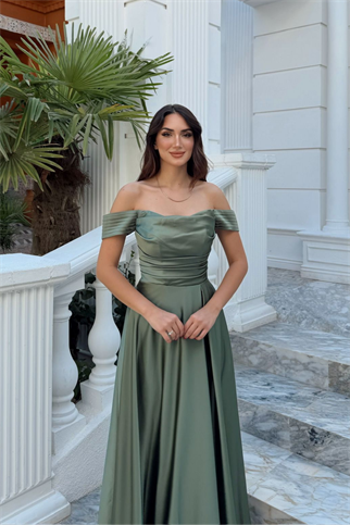 Kayık Yaka Yırtmaç Detay Saten Abiye 1038