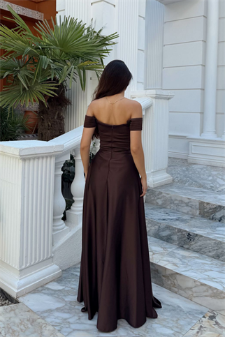 Kayık Yaka Yırtmaç Detay Saten Abiye 1038