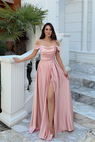 Kayık Yaka Yırtmaç Detay Saten Abiye 1038