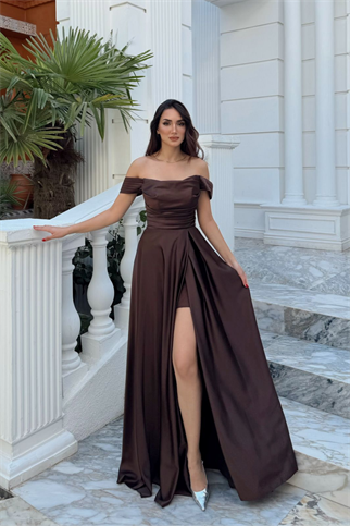Kayık Yaka Yırtmaç Detay Saten Abiye 1038