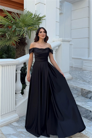 Kayık Yaka Yırtmaç Detay Saten Abiye 1038