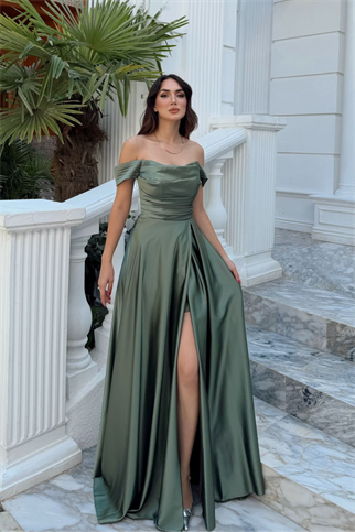 Kayık Yaka Yırtmaç Detay Saten Abiye 1038