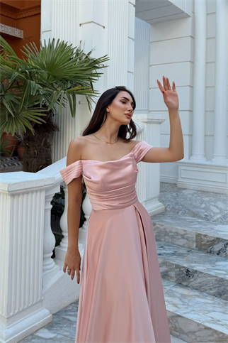 Kayık Yaka Yırtmaç Detay Saten Abiye 1038