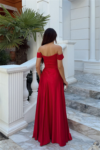 Kayık Yaka Yırtmaç Detay Saten Abiye 1038