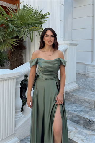 Kayık Yaka Yırtmaç Detay Saten Abiye 1038
