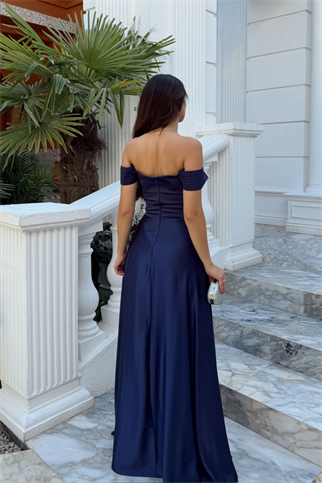 Kayık Yaka Yırtmaç Detay Saten Abiye 1038