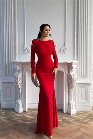Kayla Omuz Vatkalı Tasarım Abiye 583073 KIRMIZI