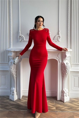 Kayla Omuz Vatkalı Tasarım Abiye 583073 KIRMIZI