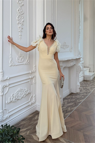 Kolları Tül Derin V Yaka Taş İşleme Abiye 0200