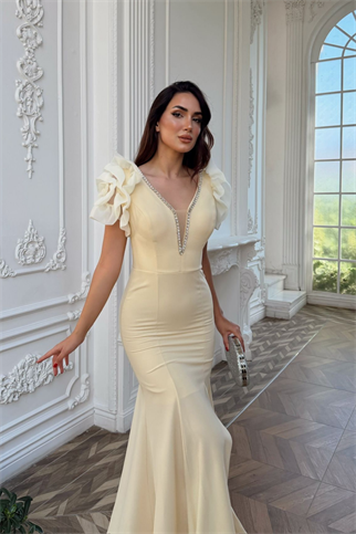 Kolları Tül Derin V Yaka Taş İşleme Abiye 0200