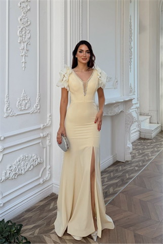 Kolları Tül Derin V Yaka Taş İşleme Abiye 0200