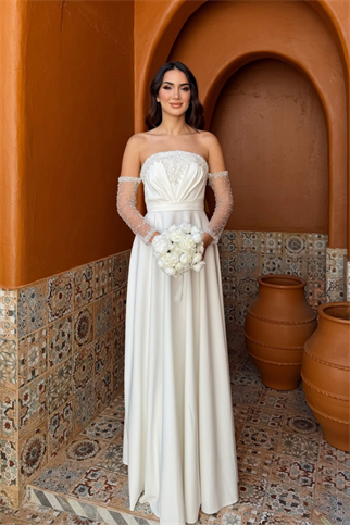 Kolları Tül Detay Straplez Taşlı Abiye 307