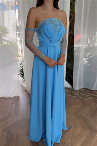 Kolları Tül Detay Straplez Taşlı Abiye 307