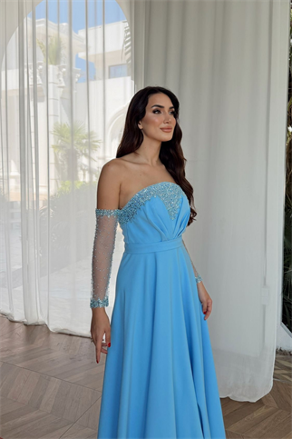 Kolları Tül Detay Straplez Taşlı Abiye 307