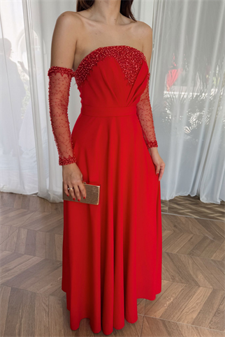 Kolları Tül Detay Straplez Taşlı Abiye 307