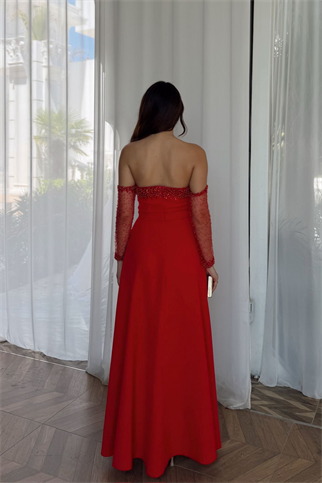 Kolları Tül Detay Straplez Taşlı Abiye 307