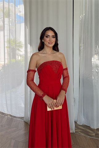 Kolları Tül Detay Straplez Taşlı Abiye 307