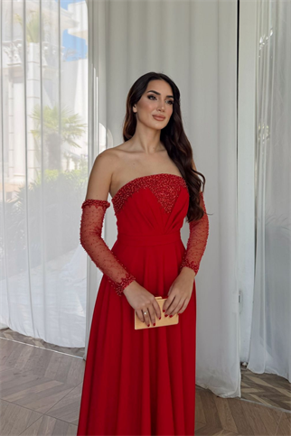 Kolları Tül Detay Straplez Taşlı Abiye 307