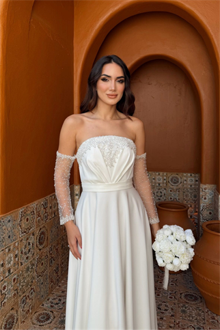 Kolları Tül Detay Straplez Taşlı Abiye 307