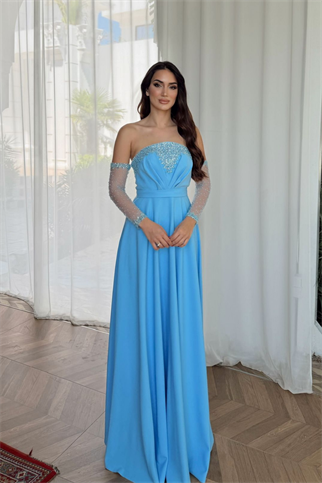 Kolları Tül Detay Straplez Taşlı Abiye 307