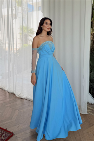 Kolları Tül Detay Straplez Taşlı Abiye 307