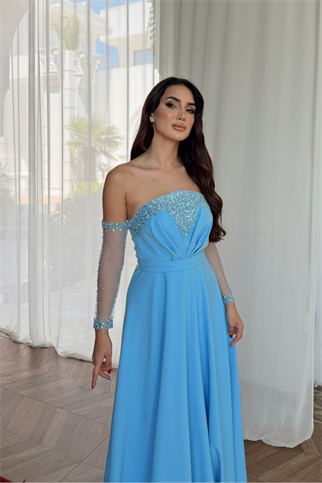 Kolları Tül Detay Straplez Taşlı Abiye 307