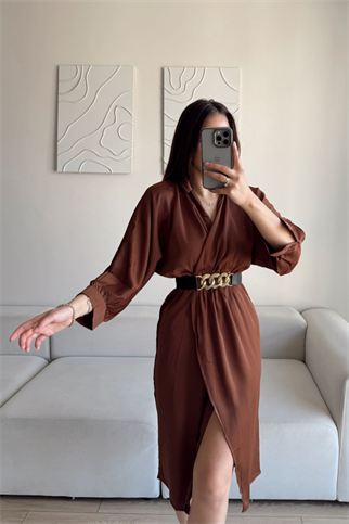 Kruvaze Anvelop Saten Elbise 2938 KAHVERENGİ