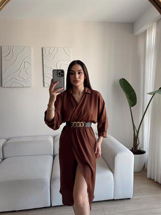 Kruvaze Anvelop Saten Elbise 2938 KAHVERENGİ
