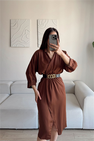 Kruvaze Anvelop Saten Elbise 2938 KAHVERENGİ