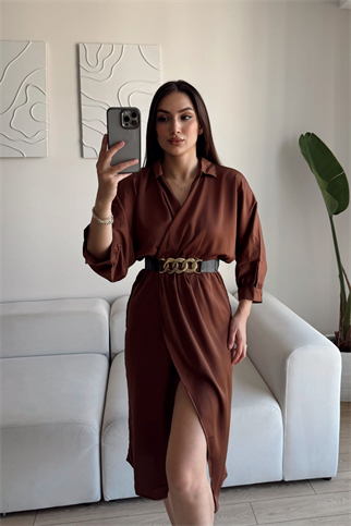 Kruvaze Anvelop Saten Elbise 2938 KAHVERENGİ