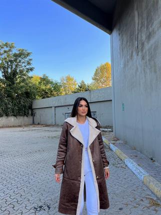 Kuzu Yumoş Kaplama Oversize Midi Boy Chanel Kıraşlı Kaban 200489 ACI KAHVE