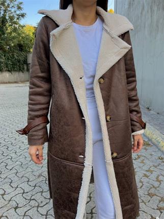 Kuzu Yumoş Kaplama Oversize Midi Boy Chanel Kıraşlı Kaban 200489 ACI KAHVE