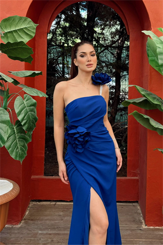 Larissa Çiçek Tasarım Yırtmaçlı Abiye 4703 SAKS MAVİSİ
