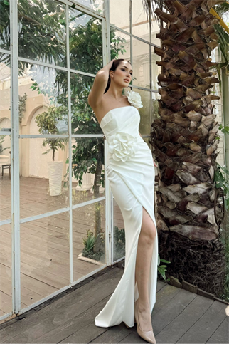 Larissa Çiçek Tasarım Yırtmaçlı Abiye 4703 BEYAZ