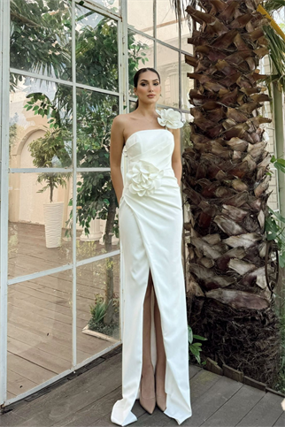 Larissa Çiçek Tasarım Yırtmaçlı Abiye 4703 BEYAZ