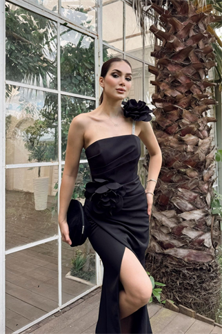 Larissa Çiçek Tasarım Yırtmaçlı Abiye 4703 SİYAH