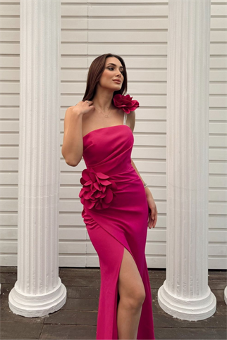 Larissa Çiçek Tasarım Yırtmaçlı Abiye 4703 FUŞYA