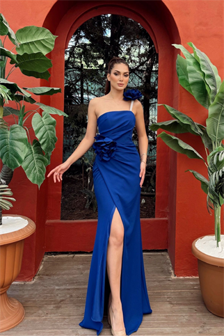 Larissa Çiçek Tasarım Yırtmaçlı Abiye 4703 SAKS MAVİSİ
